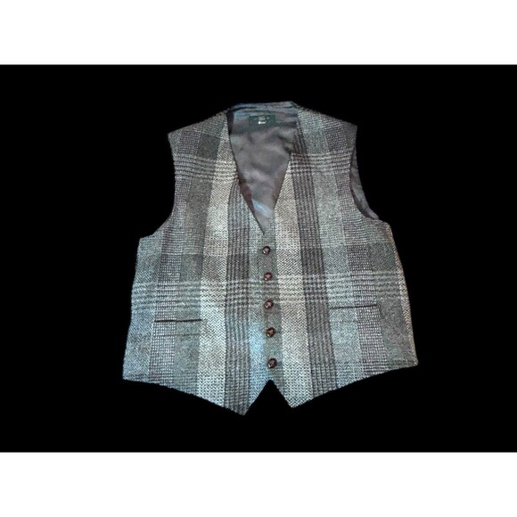 Orvis Vest 100% Wool 48 R Tweed Waist Coat Adjustable Back Gray Plaid Wool Back